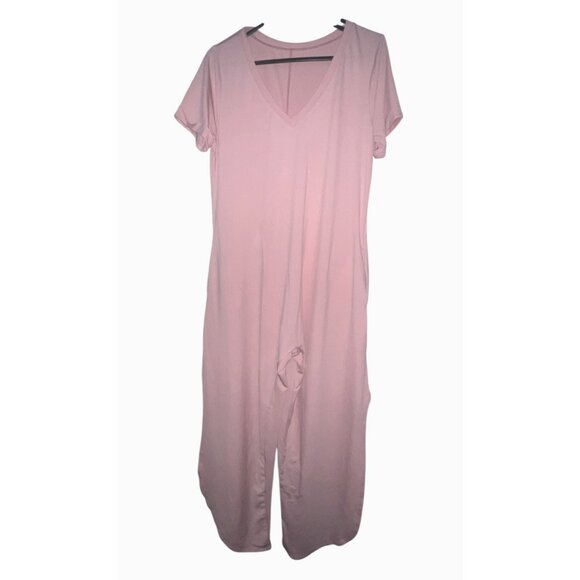 Halara V Neck Casual Flowy Short Sleeve Slit Leg Jumpsuit Romper Sz XS Womens Pi - Picture 2 of 9